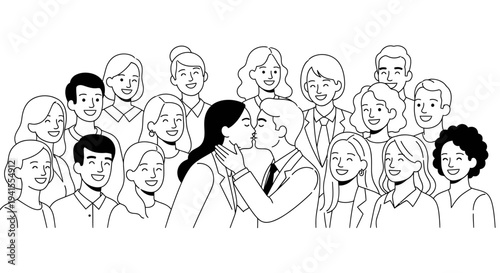 Couple kissing surrounded by diverse happy people in a celebratory crowd