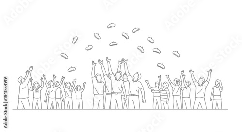 Crowd celebrating, throwing confetti, arms raised in joy and excitement