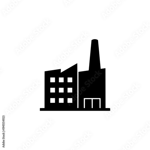 Factory building silhouette. Industrial plant icon symbol design. Minimalist black vector graphic. Isolated on white background.