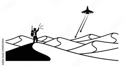 Desert explorer signals jet fighter from sand dunes, communication and surveillance concept