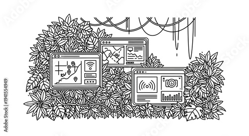 Digital jungle: Technology and data screens hidden in lush foliage