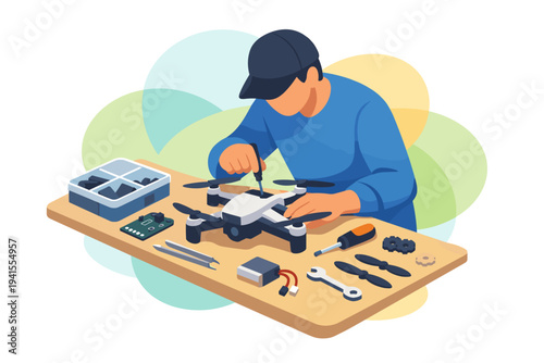 Man repairing a drone on a wooden table with tools.