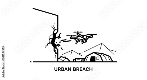 Drone breaches wall of damaged building in urban conflict zone with tent camp