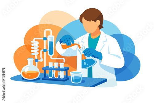 Scientist conducting experiment in laboratory with equipment.