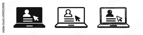Online User Profile and Laptop Icon Set with Solid, Outline, and Hand-Drawn Styles