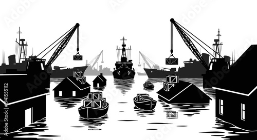 Flooded Port City with Cranes, Ships, and Submerged Houses, Industrial Disaster