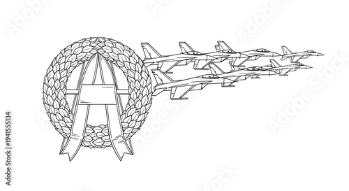 Formation of fighter jets flying from a wreath with letter A