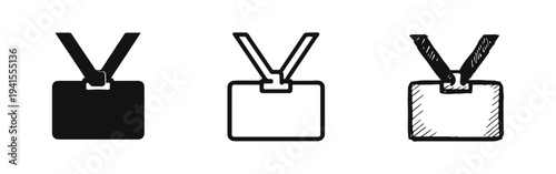 ID Card and Lanyard Badge Icon Set with Solid, Outline, and Hand-Drawn Styles