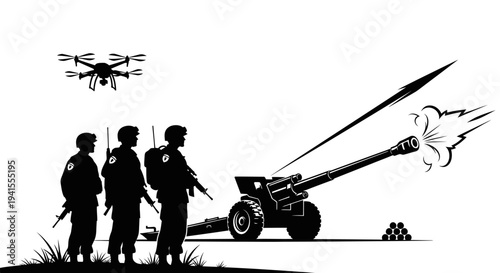 Military drone surveillance and artillery firing, soldiers aiming cannon, modern warfare concept