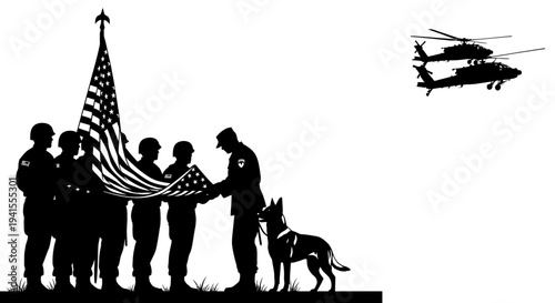Military Honor Guard with American Flag and Helicopters Silhouette