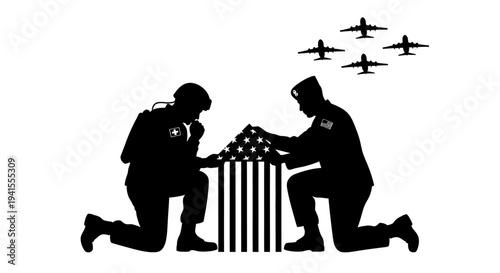 Military Honor Guard Folds American Flag with Jet Flyover Silhouette