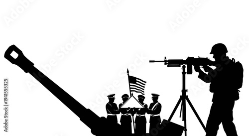 Military Honor Guard with Flag, Soldier, and Artillery Gun Silhouette