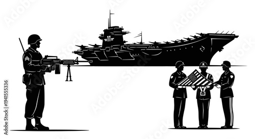 Military Honor Guard with US Flag and Aircraft Carrier Silhouette