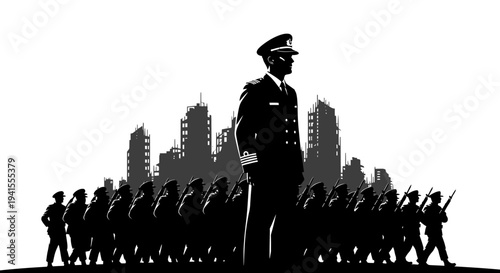 Military Leader Overseeing Ruined City with Marching Soldiers Silhouette