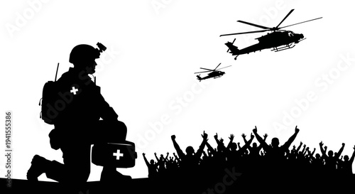 Military Medic and Helicopters Evacuating Civilians During Crisis