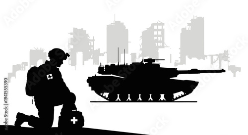 Military Medic and Tank Silhouette in Ruined City
