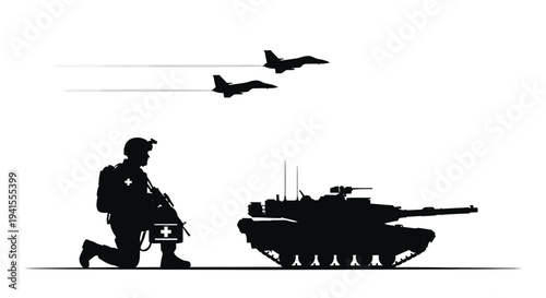 Military Medic Kneeling Beside Tank with Fighter Jets Flying Overhead