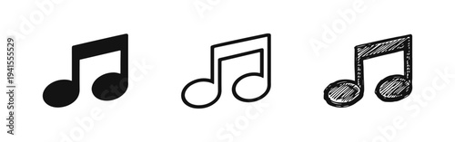 Musical Notes Icon Set with Solid, Outline, and Hand-Drawn Styles
