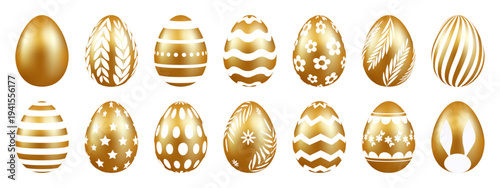 Vector illustration of golden and white easter eggs set on transparent background