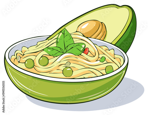 Delicious pasta dish with green peas and fresh basil in a vibrant bowl accompanied by a ripe half avocado illustration