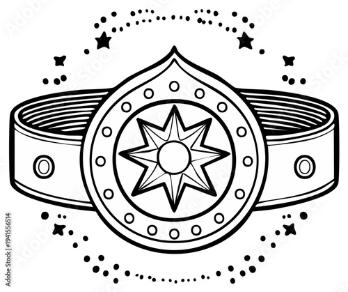 Abstract design of a starburst emblem in an ornamented circle on a belt