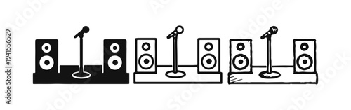 Stage with microphone and speakers icon set. Music event audio equipment symbol. Live performance vector illustration with solid, outline, and hand-drawn styles.