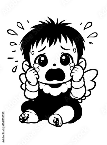 Cute crying angel baby character with tears and sad expression illustration
