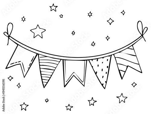 Drawn bunting flags and stars festive graphic design element for celebrations.