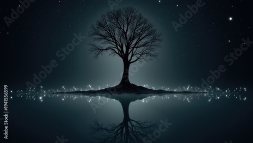 A lone tree stands in a reflective pool under a starry night sky.