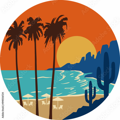 This enchanting image of a beachside sunset features swaying palm trees and serene waves, embodying relaxation, nature's beauty, and the perfect escape for travel lovers.