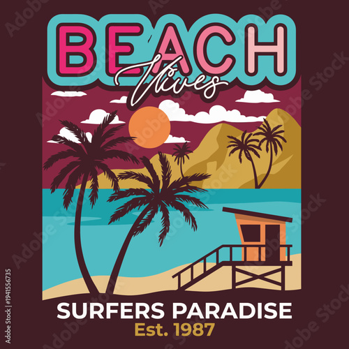 This image captures the serene beauty of Surfers Paradise featuring a lifeguard tower, colorful sunset, and palm trees alongside a peaceful beach.