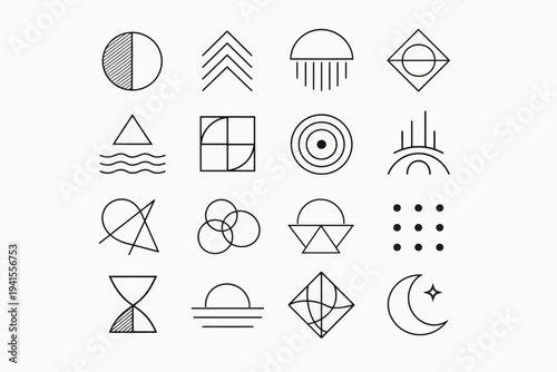 Minimalist geometric symbols collection featuring linear shapes and abstract elements