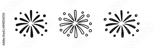 Fireworks explosion icon set. Celebration burst symbol. Festive event vector illustration with solid, outline, and hand-drawn styles.