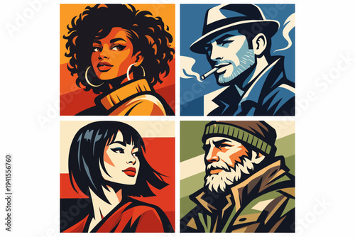 Stylized portraits of diverse individuals in bold colors and graphic design