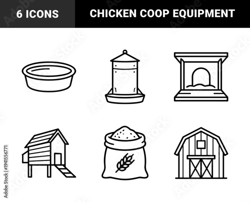 Poultry farming and organic agriculture equipment elements featuring chicken coop, grain sack, and feeding trough in a clean monoline style.