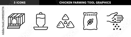 Agricultural poultry farming and bird care equipment. Monolinear black line graphics of chicken coop, automatic waterer, feed pile, grain sack, and hand sowing seeds.