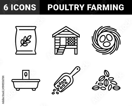 Poultry farming and organic egg production essentials. Monoline black and white technical pictograms featuring chicken coop, nest, grain, and incubator equipment.