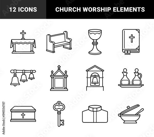 Christian liturgical worship elements and ecclesiastical architecture symbols. Bold monolinear black and white graphics for religious education and church service programs.