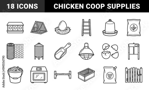 Poultry farming and backyard chicken coop management equipment. Technical monolinear pictograms for sustainable agriculture and egg production.