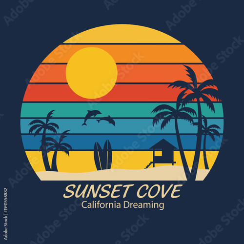 A picturesque sunset over Sunset Cove featuring vibrant colors and playful dolphins, reflecting tranquility and joy in a dreamy coastal setting wrapped in tropical vibes.