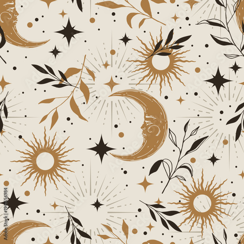 Magic seamless vector pattern with crescents and stars. Boho pattern for astrology, esoteric, tarot, mystic and magic. 