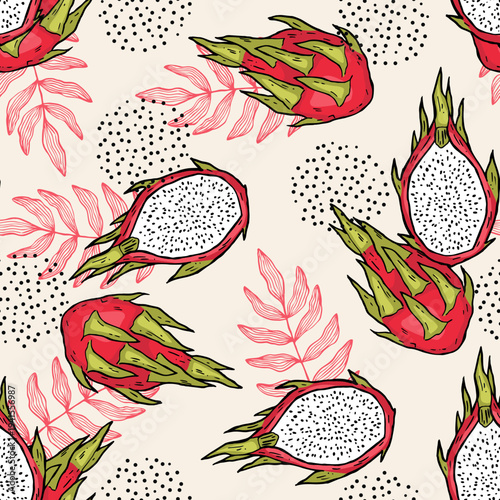Seamless abstract dragon fruits pattern. Hand drawn summer tropic fruit texture. Vector illustration cover, tropical wallpaper
