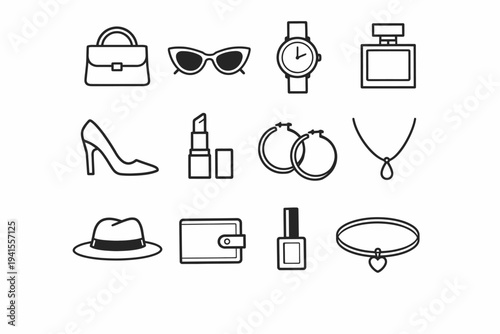 Fashion accessories icons: handbag, sunglasses, jewelry, and more
