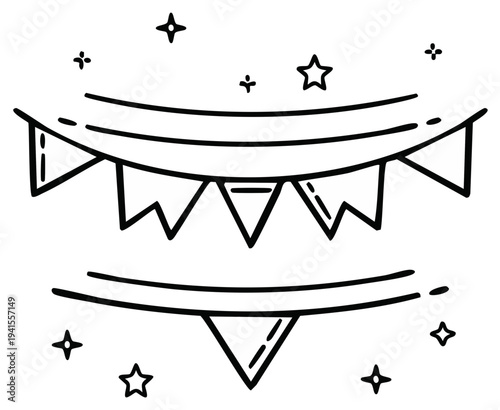 Hand drawn line art festive bunting flags and stars simple celebration decoration elements