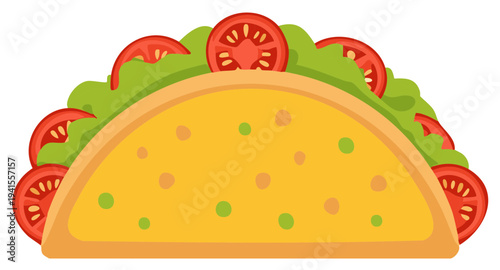 Flat illustration of a taco with lettuce and tomato slices on a white background