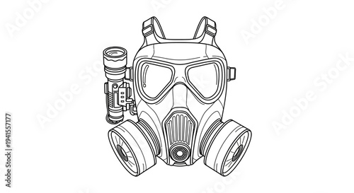 Gas Mask with Filter and Side Attachment - Black and White Line Drawing