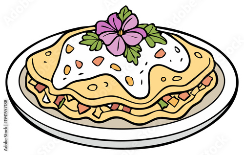 Delicious layered dessert with cream and floral decoration on a plate