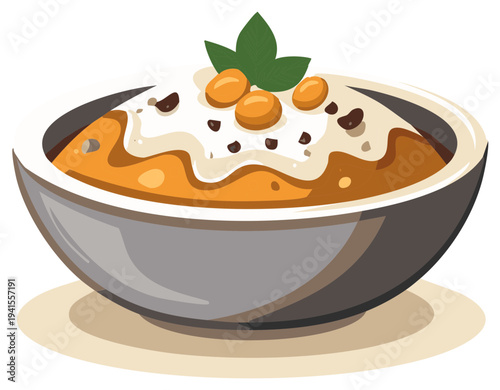 Creamy vegetable soup topped with cream cheese and herbs in a bowl illustrated food dish