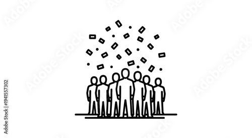 Group of people celebrating with confetti falling down, line art illustration