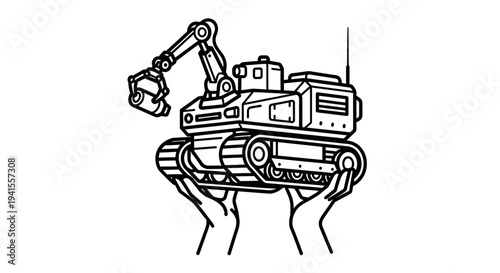 Hands holding a toy excavator robot with a claw arm, black and white illustration